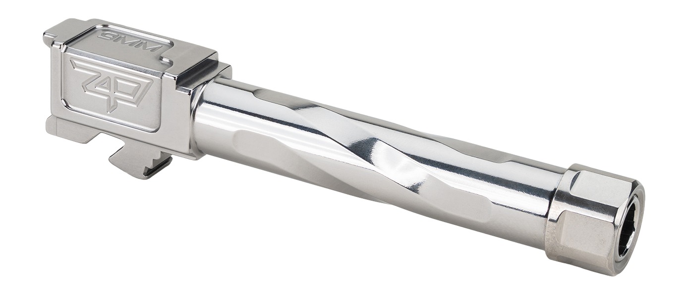 Polished stainless steel handgun barrel with engraving