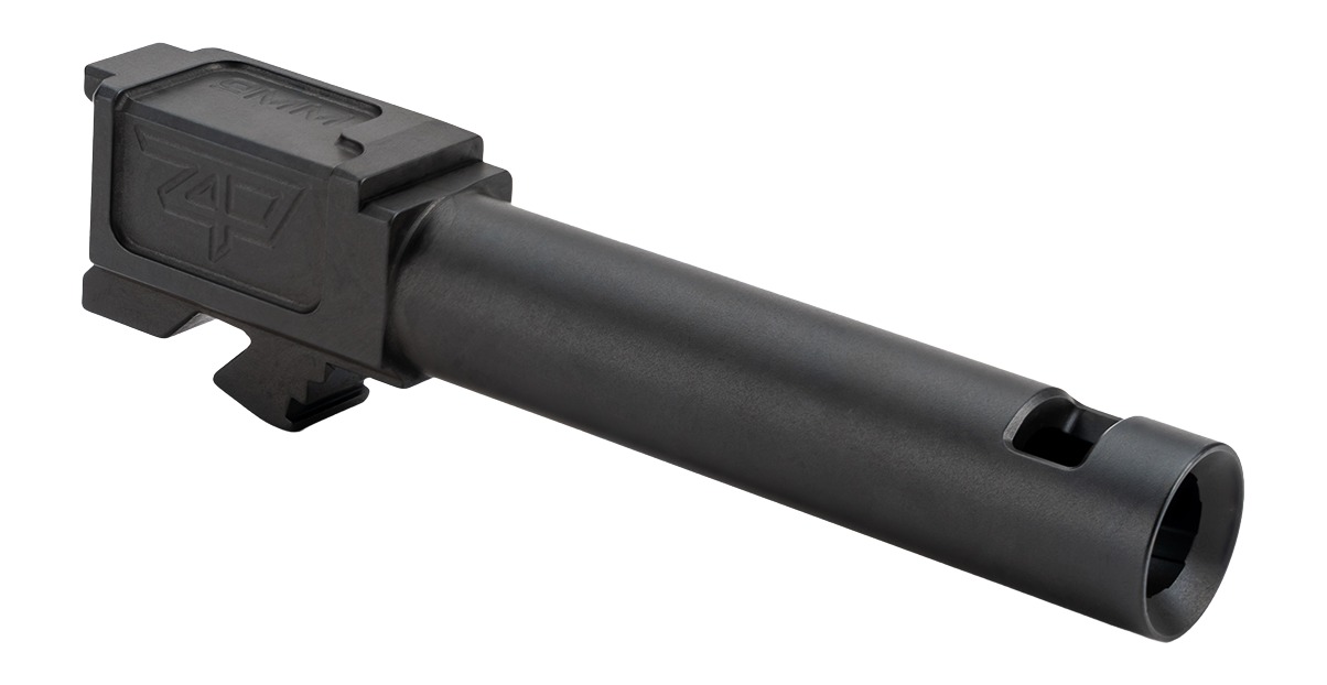 Black metal pistol barrel with ported muzzle
