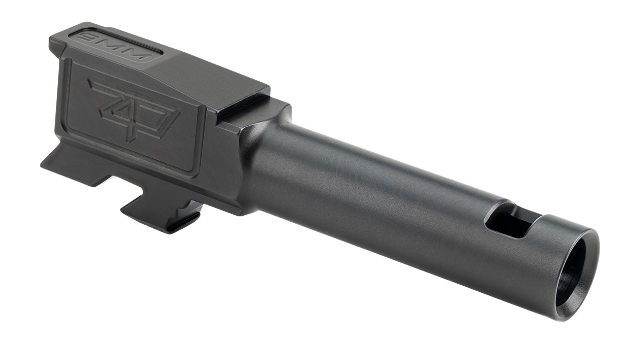Black metal pistol barrel with engraved logo