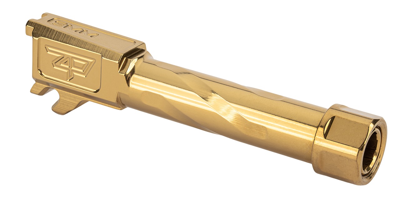Gold-colored pistol barrel isolated on white background