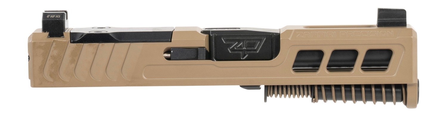 Tan handgun slide with exposed recoil spring