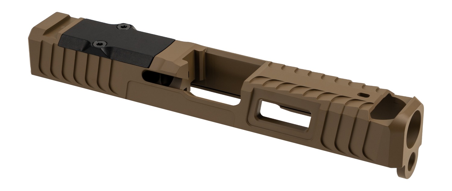 Tan pistol slide with optic cutout