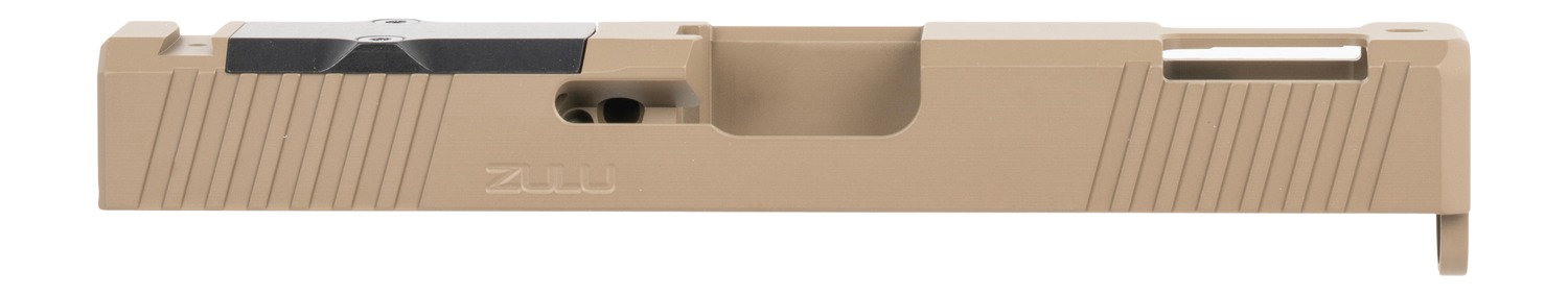 Tan handgun slide with optic cut and serrations