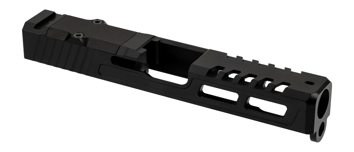 Black pistol slide with ported design