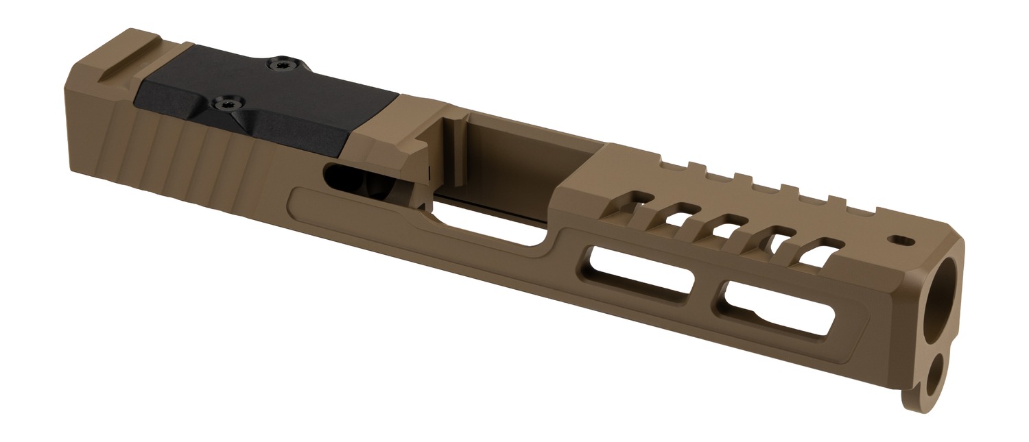 Tan handgun slide with black optic plate