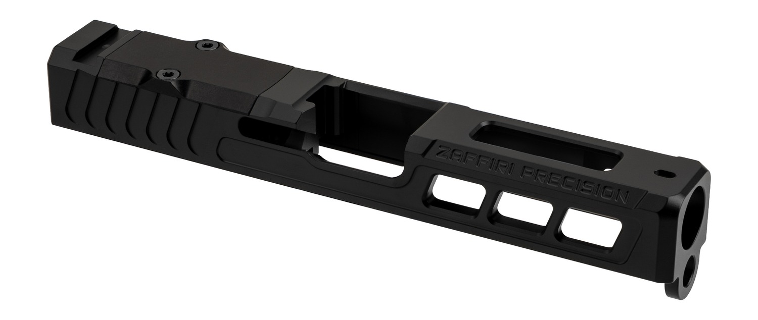 Black precision-machined pistol slide with vented cutouts