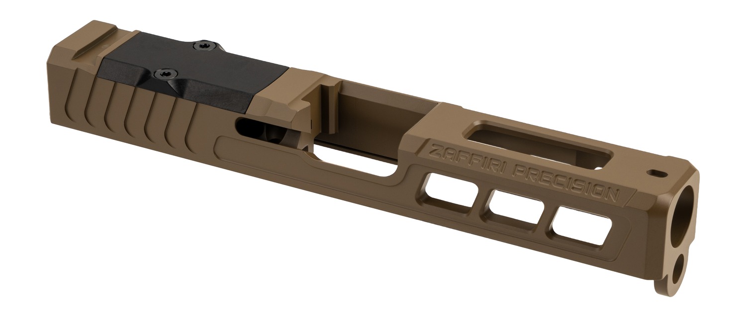 Brown pistol slide with optic cut and ports