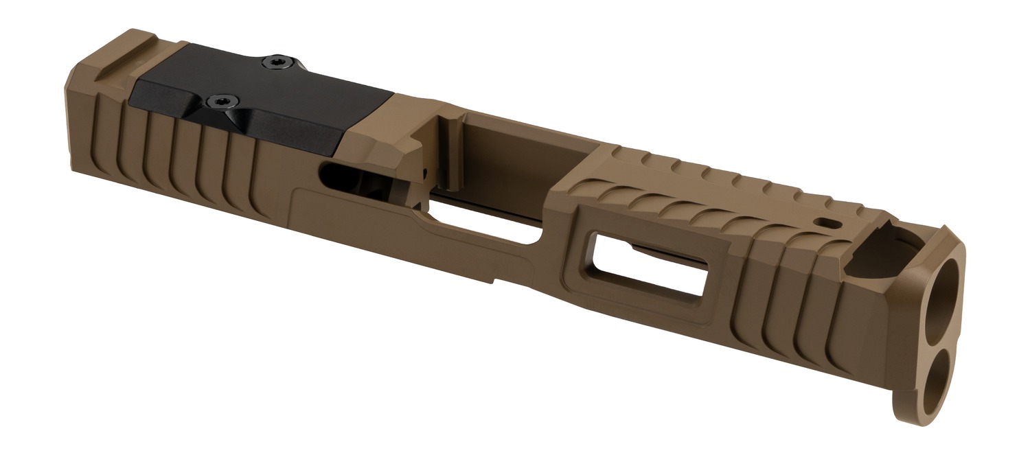 Tan pistol slide with optic cut and ports