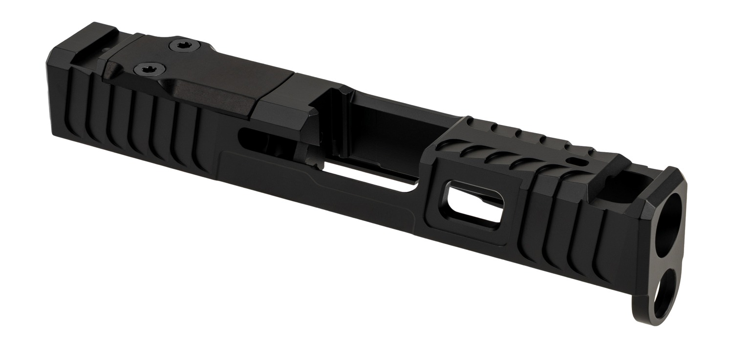 Black custom pistol slide with vented cutouts