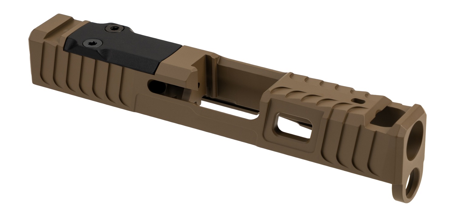 Tan pistol slide with optic mounting plate