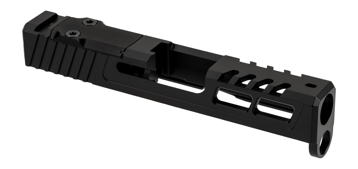 Black ported pistol slide on white background