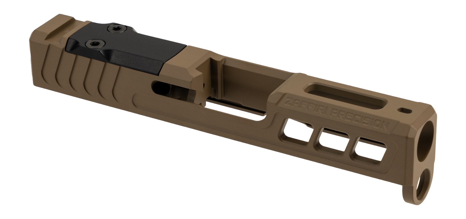 Tan pistol slide with optic cut