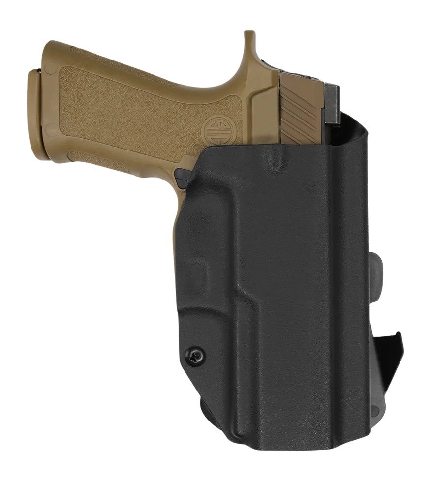 Tan handgun in black holster on white background
