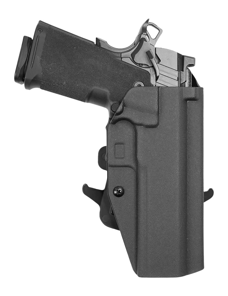 Handgun secured in black tactical holster