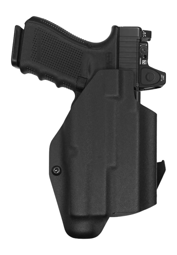 Handgun in black Kydex holster with optic sight