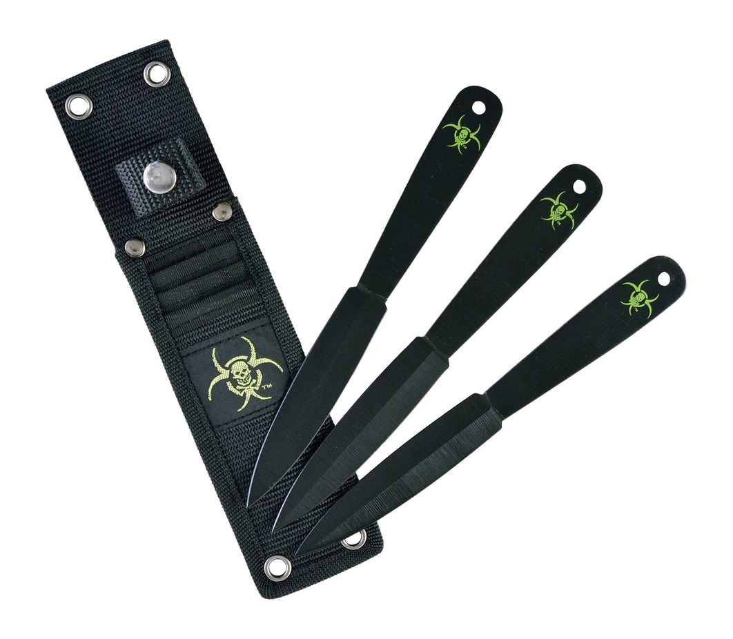 Three black throwing knives with sheath