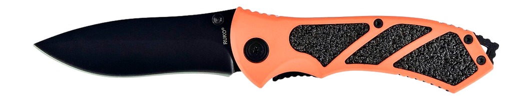 Black folding knife with orange textured handle