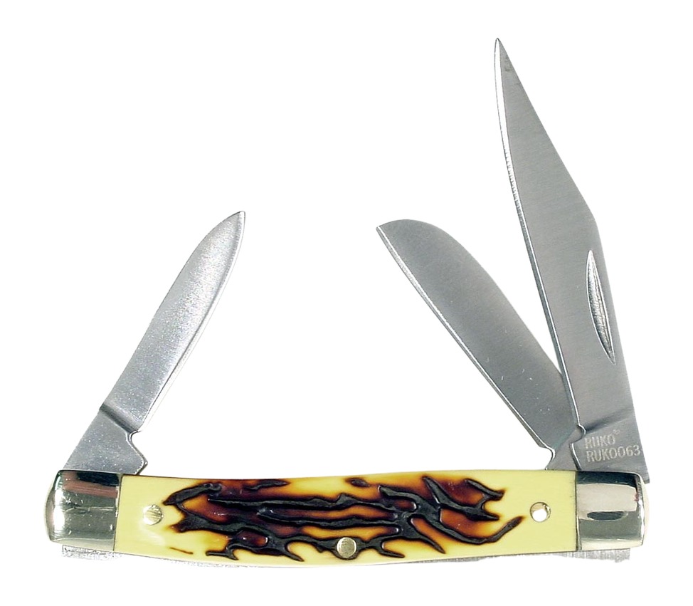 Three-blade folding pocket knife with decorative handle