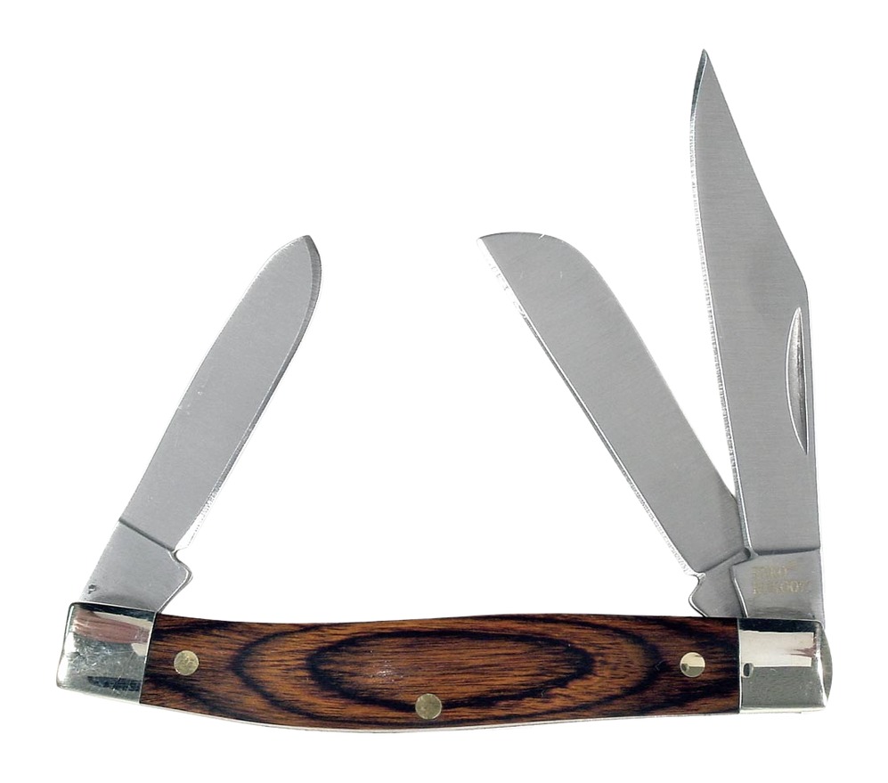 Three-blade folding pocket knife with wooden handle
