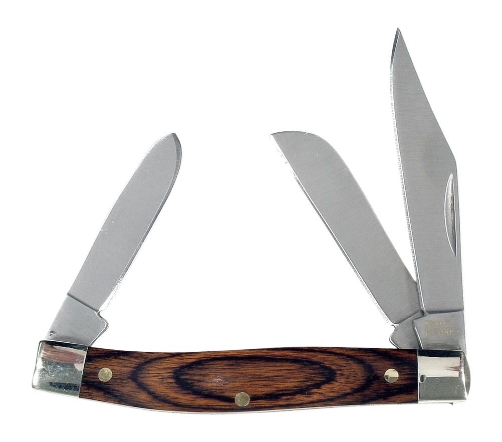 Three-blade folding pocket knife with wooden handle