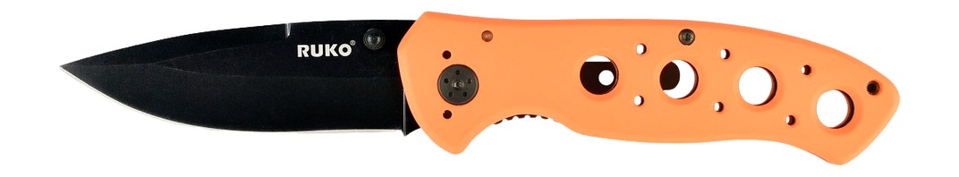 Black folding knife with orange handle