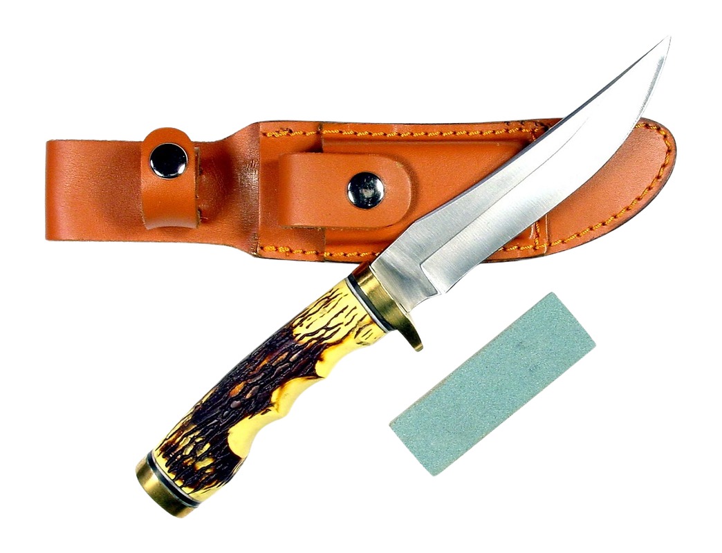 Fixed-blade hunting knife with leather sheath and stone