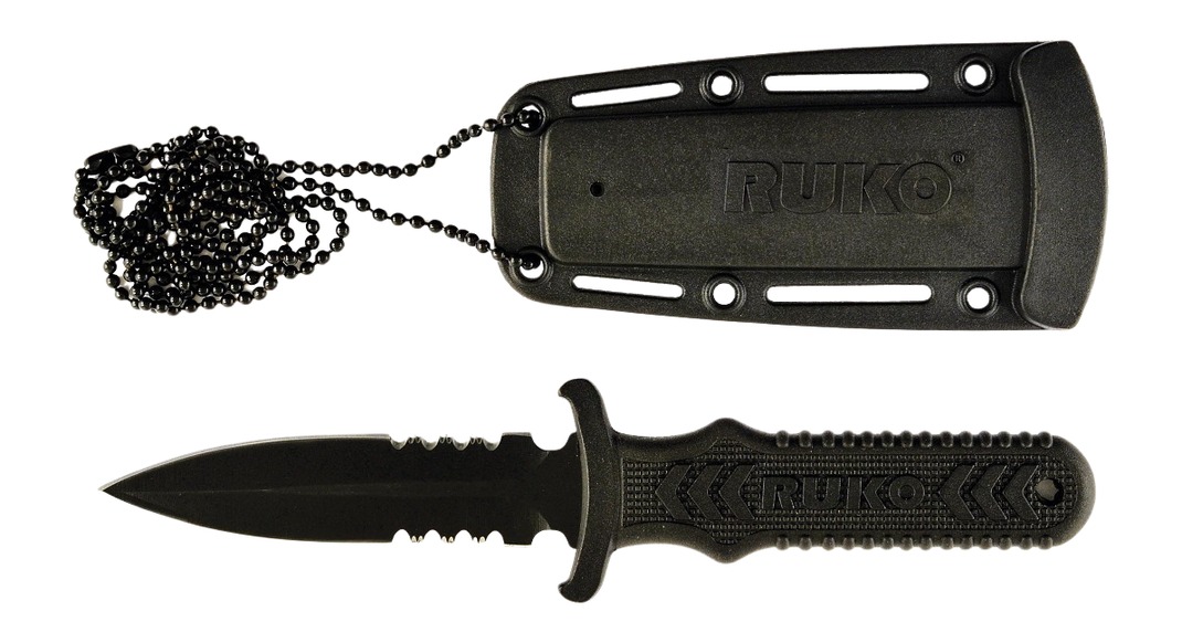 Black RUKO tactical knife with sheath and chain