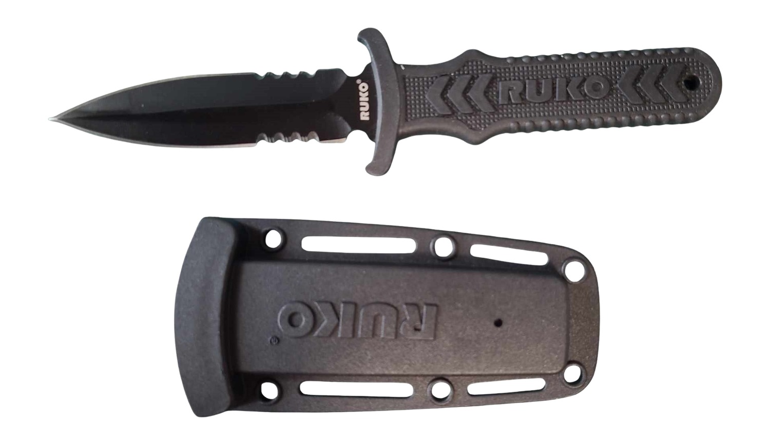 Black RUKO fixed-blade knife with sheath
