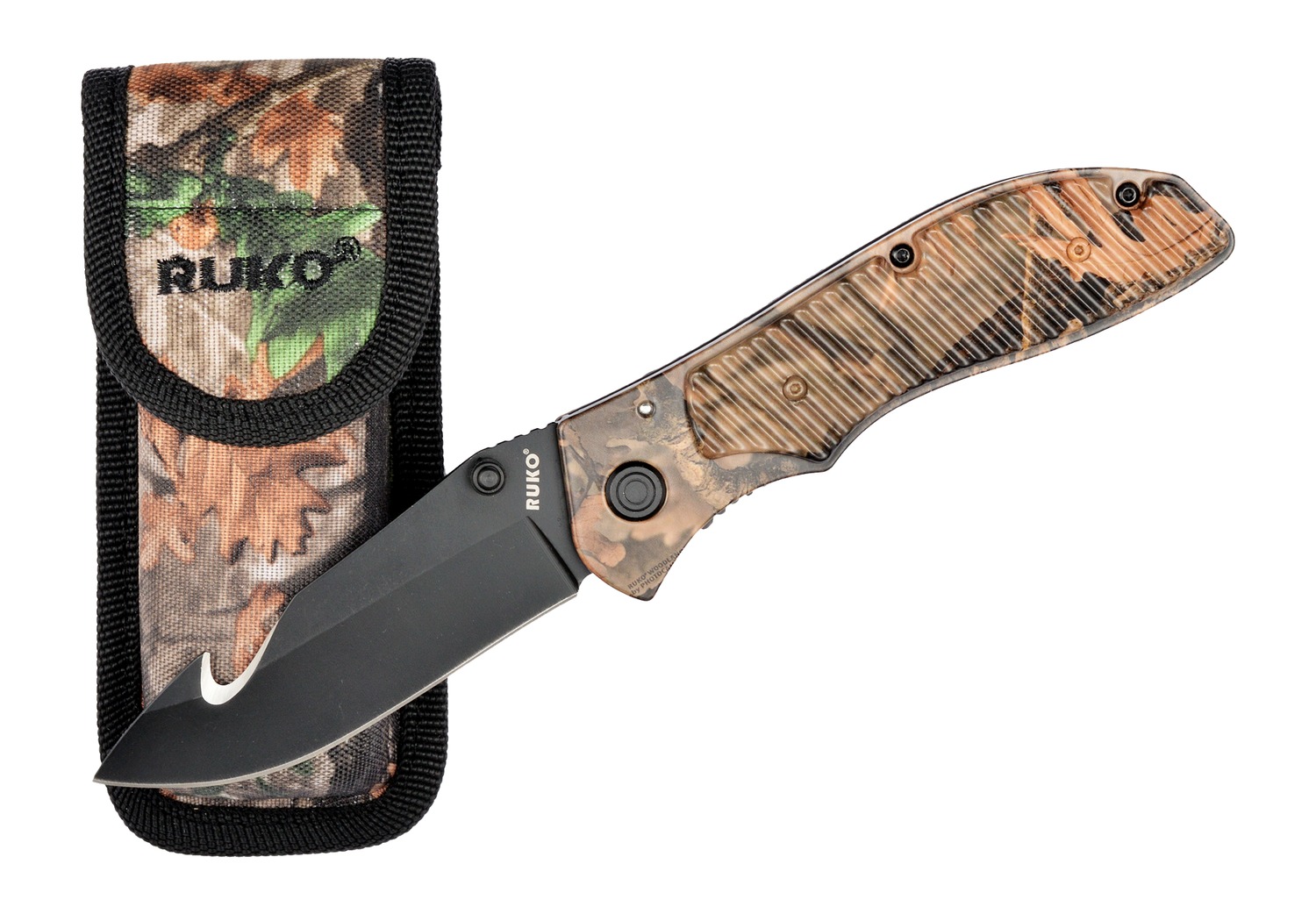 Camouflage folding knife with black blade and sheath