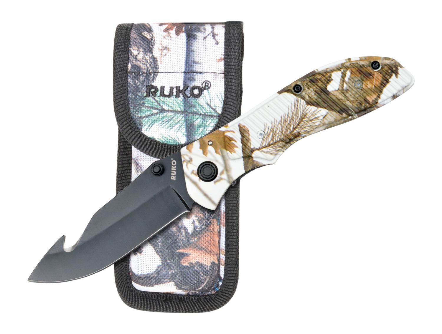 Camo folding knife with gut hook and sheath