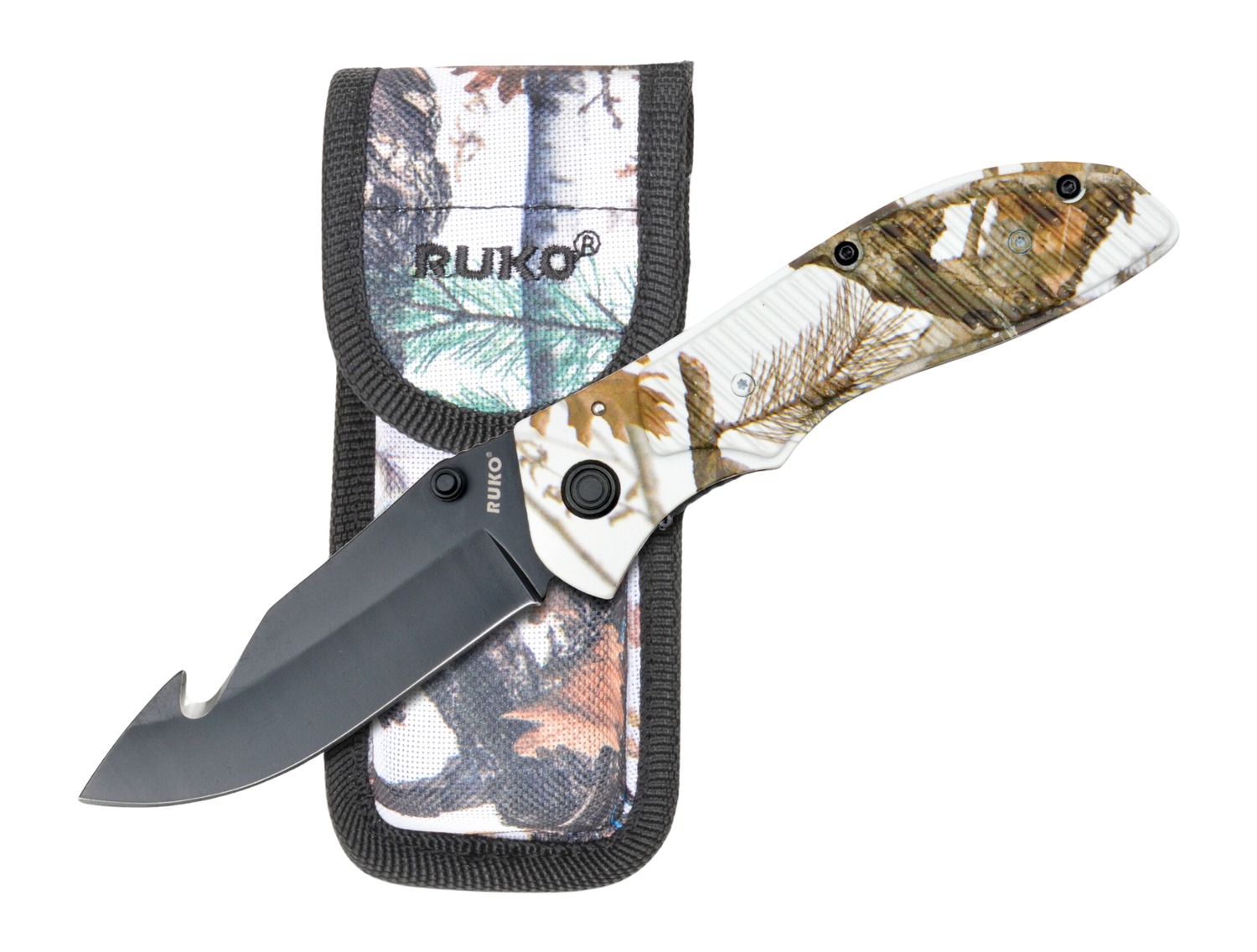 Camouflage folding knife with gut hook blade