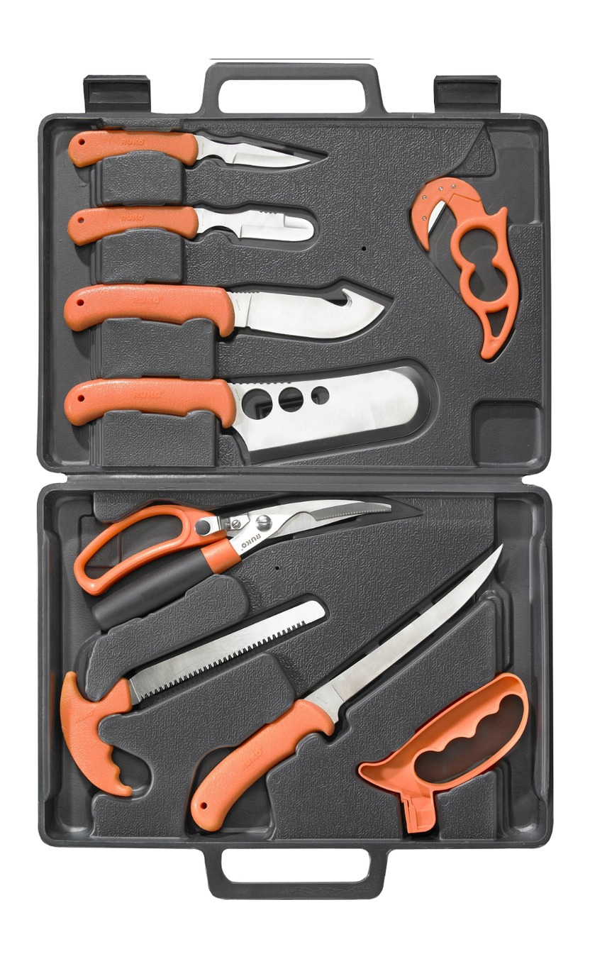 Knife set in hard case with orange handles