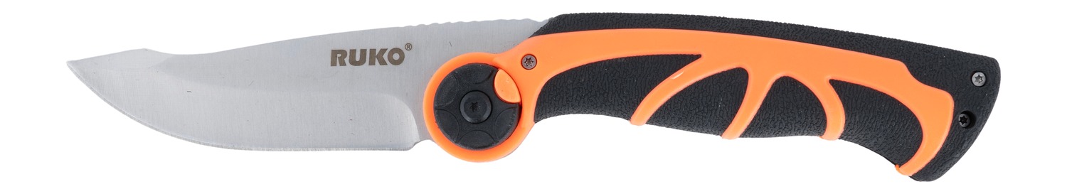 Orange and black folding knife with stainless blade
