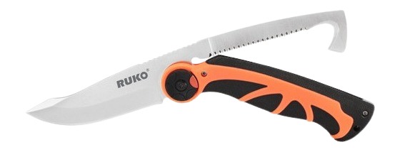 Orange and black folding pocket knife with serrated blade