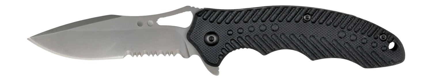 Folding knife with serrated blade and black handle