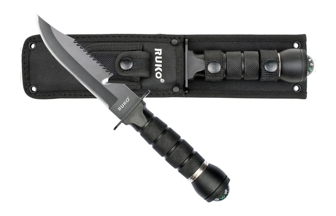 Ruko survival knife with sheath and compass pommel