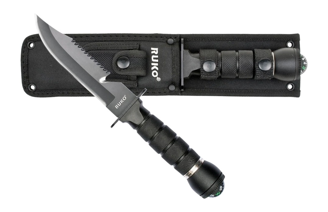RUIKO survival knife with sheath and compass pommel
