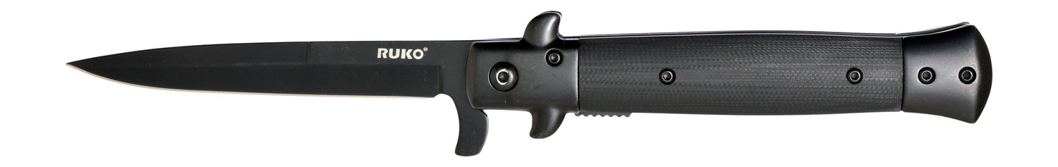 Black RUKO folding knife on white background
