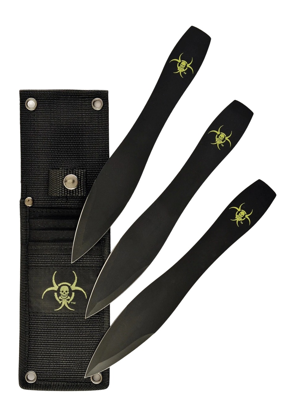 Three black throwing knives with nylon sheath
