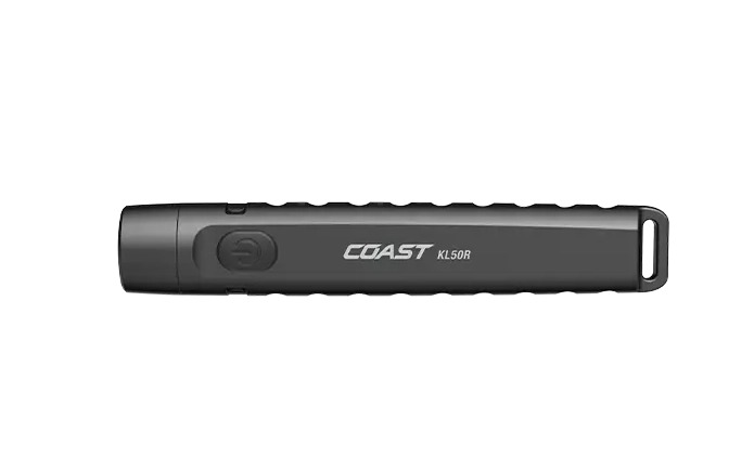 Black COAST KL50R rechargeable flashlight on white background