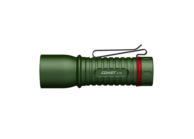 Green COAST handheld flashlight with pocket clip