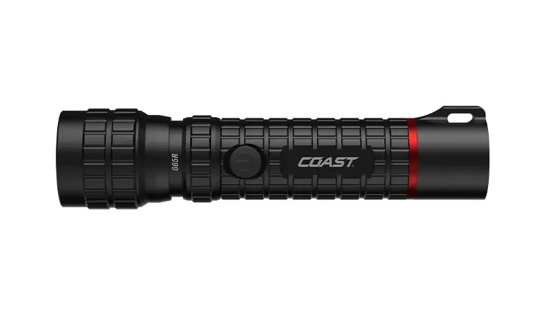 Black COAST handheld flashlight with red accent