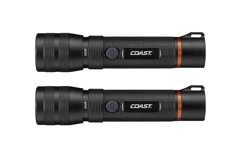 Two black Coast LED flashlights on white background