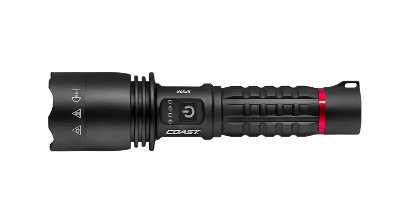 Black COAST rechargeable tactical flashlight with red accent
