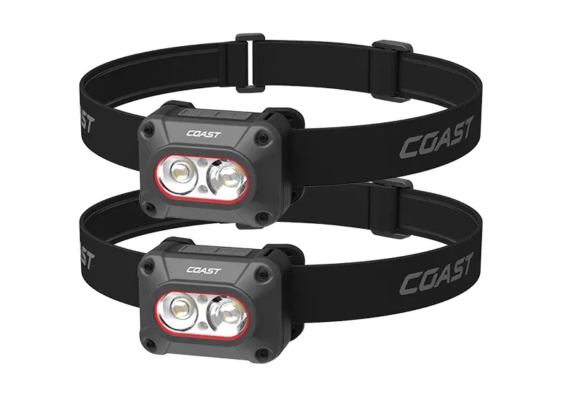 Two black COAST LED headlamps with straps