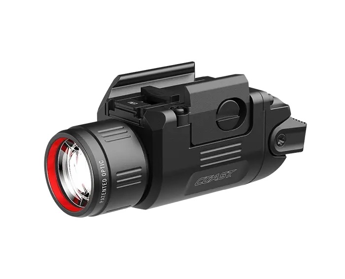 Black rail-mounted tactical flashlight with red lens ring