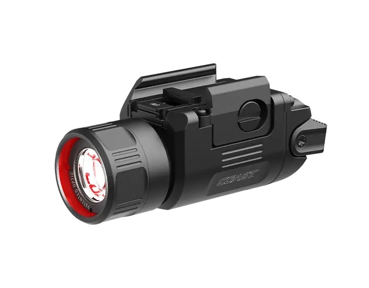 Black tactical weapon-mounted flashlight with red lens
