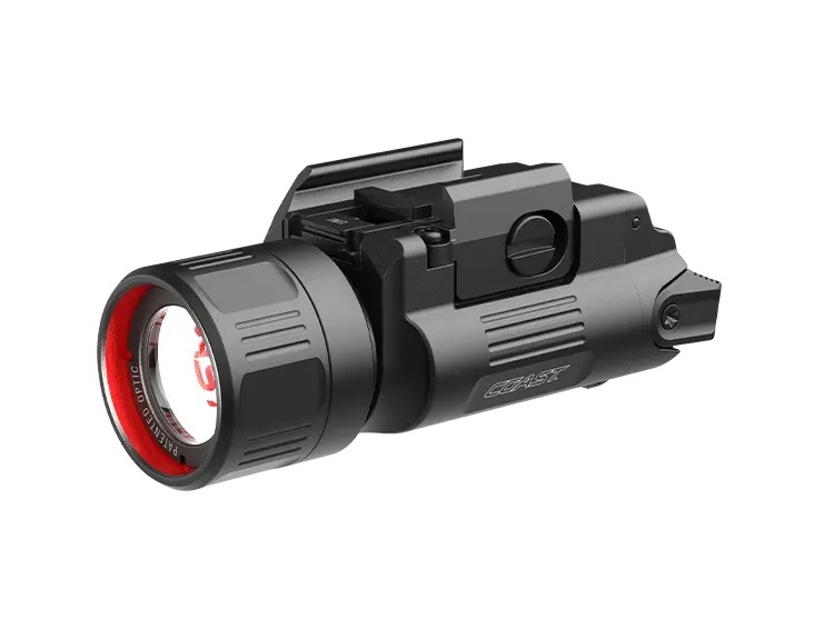 Black tactical weapon-mounted flashlight with rail mount