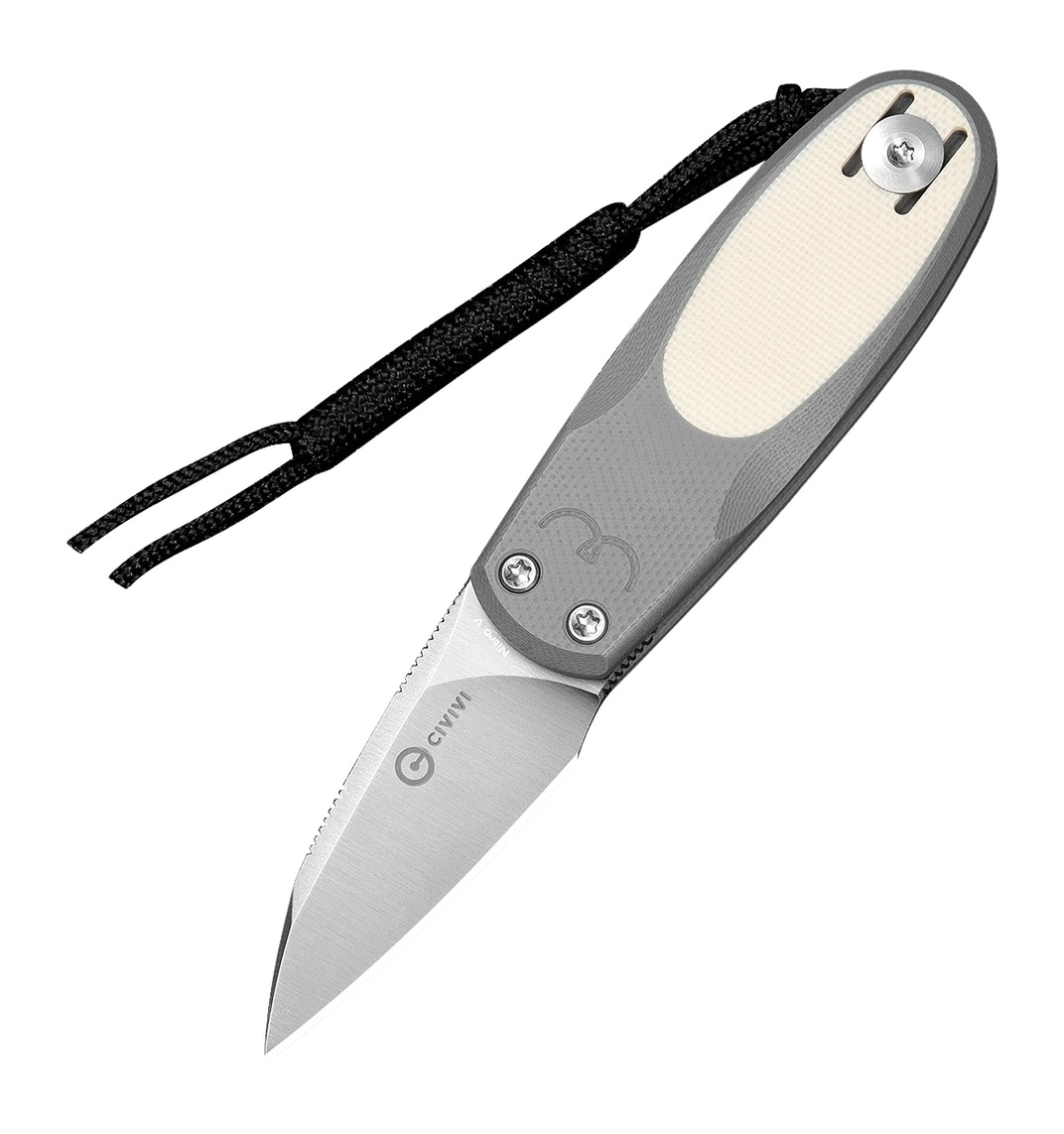 Gray folding pocket knife with lanyard