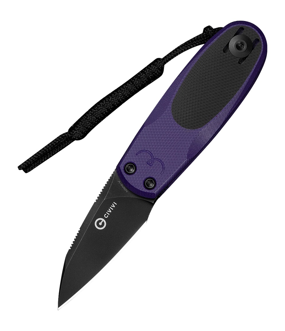 Purple-handled CIVIVI fixed blade knife with lanyard